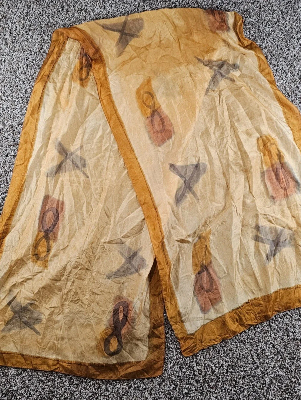 Vintage 1960s Womens 100% Silk Large Scarf Gold Beige Tribal Print Art To Wear